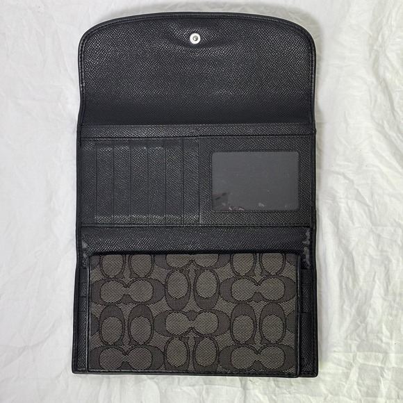 Coach Slim Wallet trifold Checkbook Black Signature Monogram - Picture 4 of 8